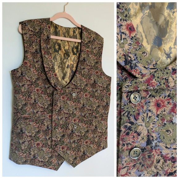 Vintage Jackets & Blazers - Vintage Satin Lined "Tapestry" Fabric Double Button Front Vest Approx m